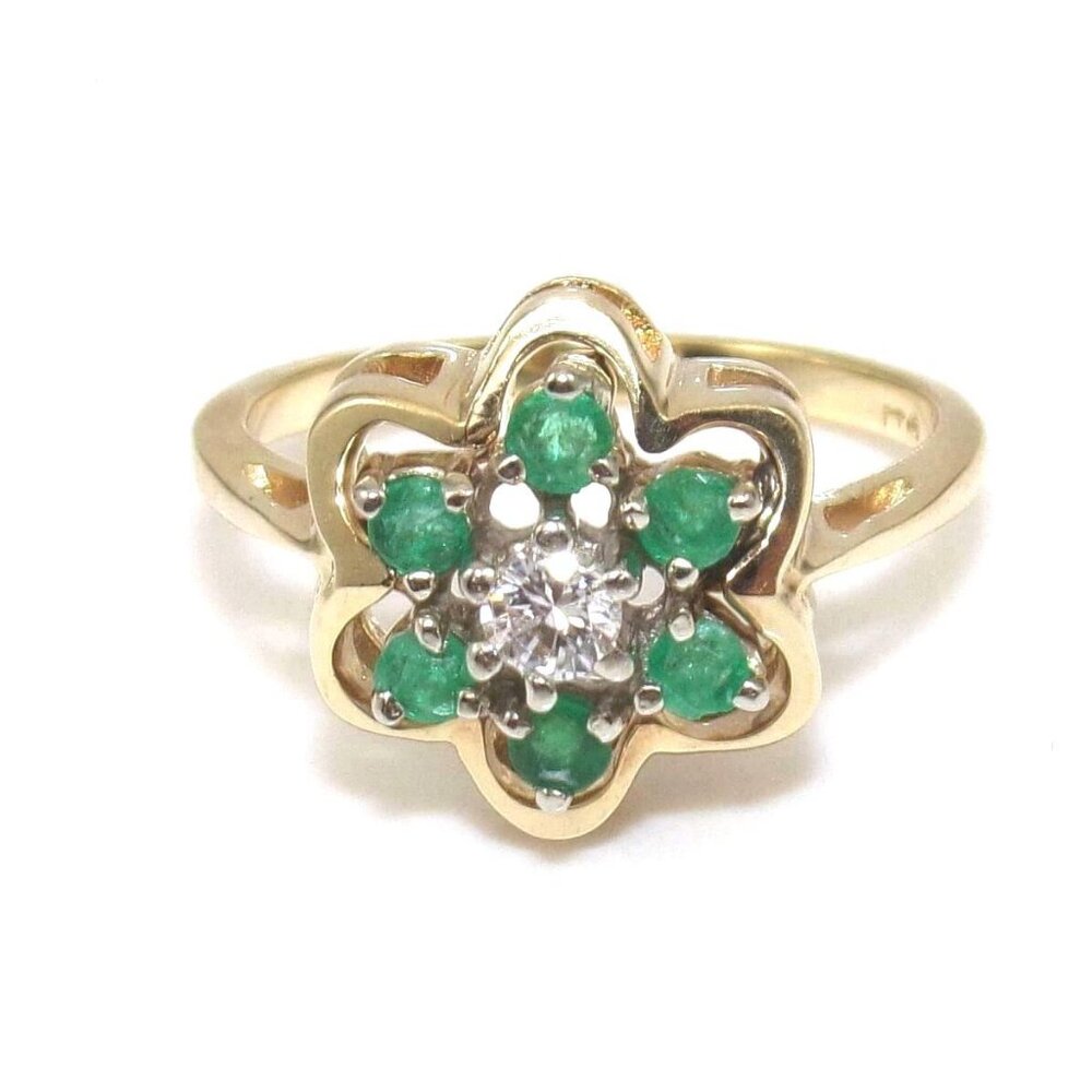 14K Yellow Gold Ring Size 5.75 Natural Emerald Diamond Flower Halo